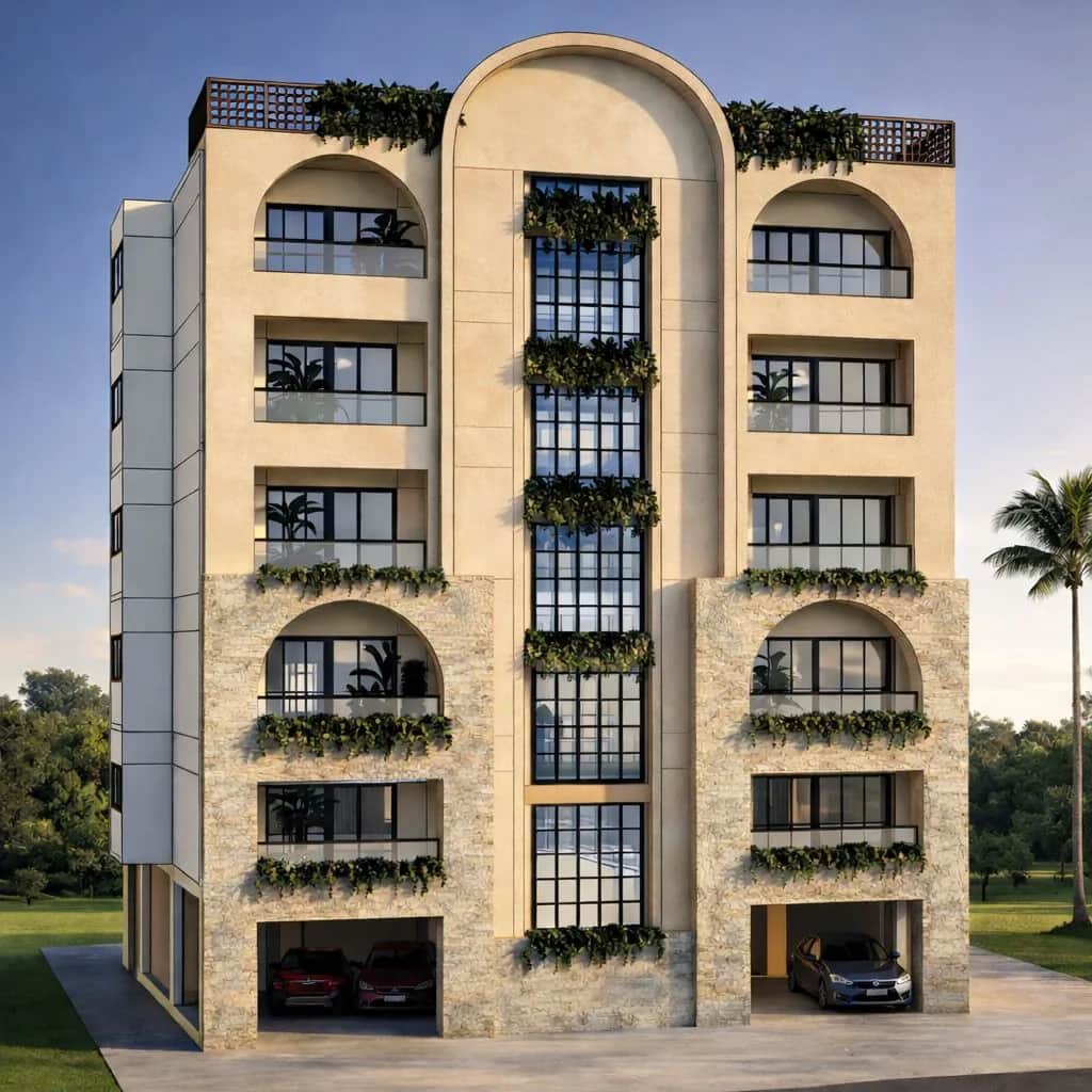 Architectural render of a five-storey apartment building in Salvador, Goa, with arched balconies, stone cladding and planted terraces.